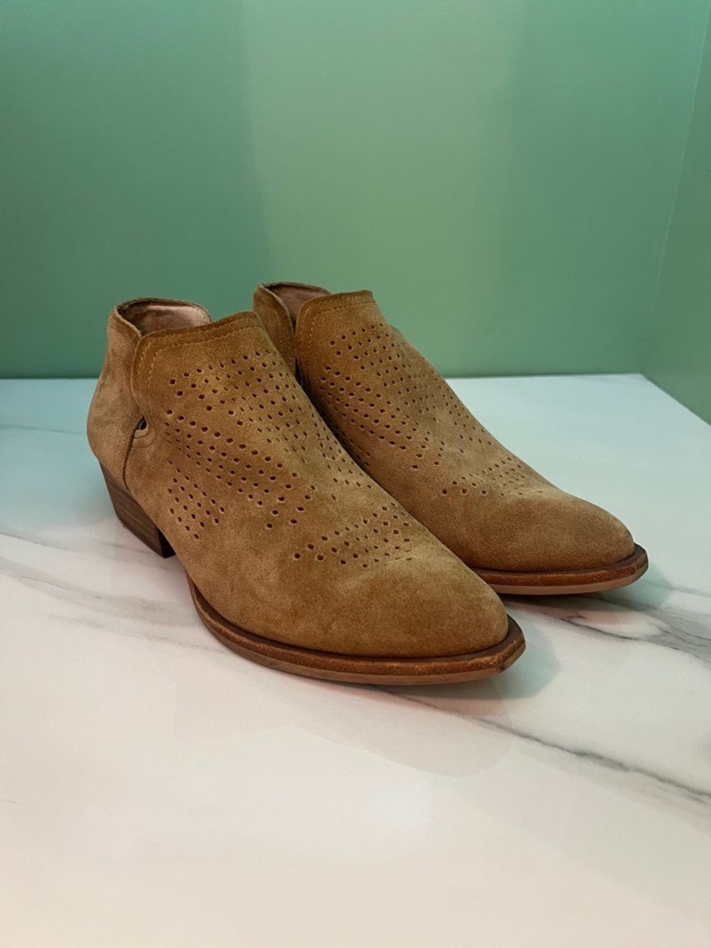 Gianni Bini Tan Perforated Suede Ankle Booties